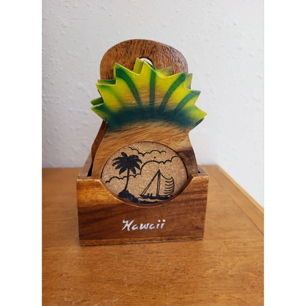 Vintage‎ Pineapple Shaped Cork Coasters w/ Holder Philippines MCM Beach Tiki